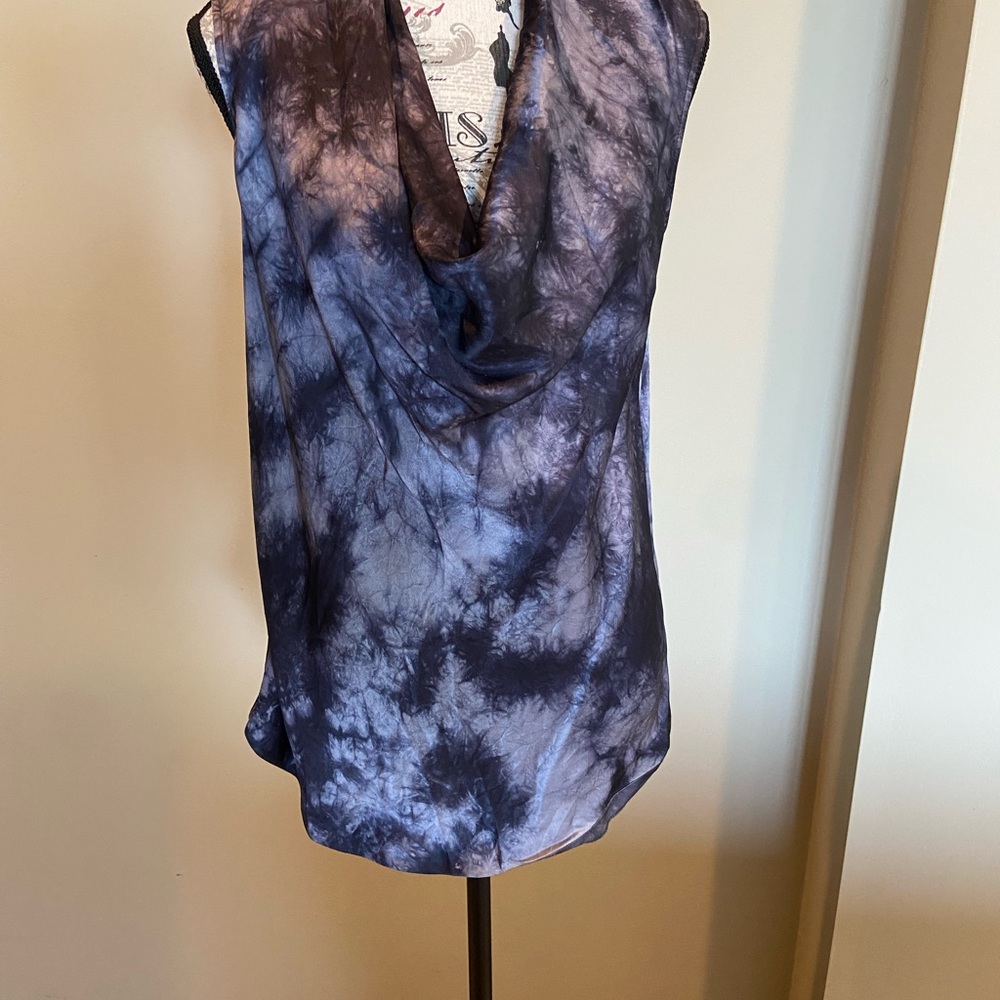 Theory Blue and Black Tie-Dye Sleeveless Blouse -100% silk
